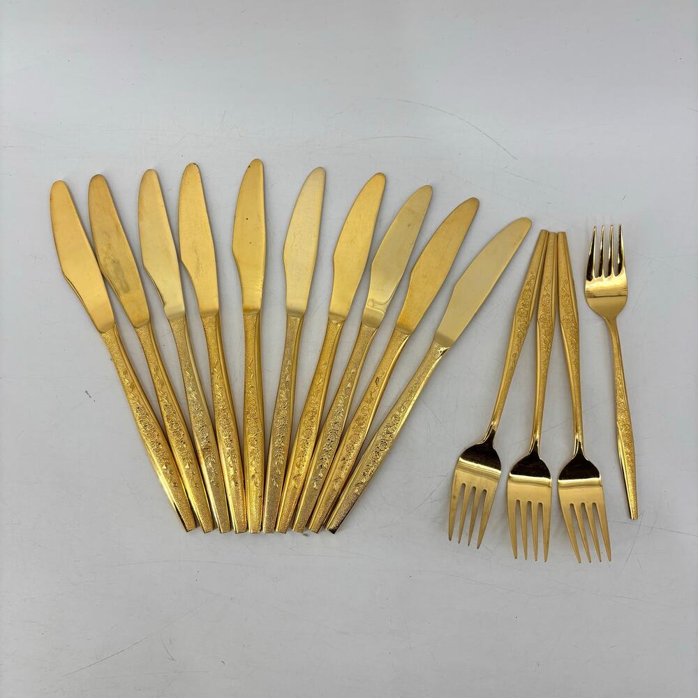 Golden Bouquet 14 Pcs Gold Tone Flatware Hollywood Regency Gold